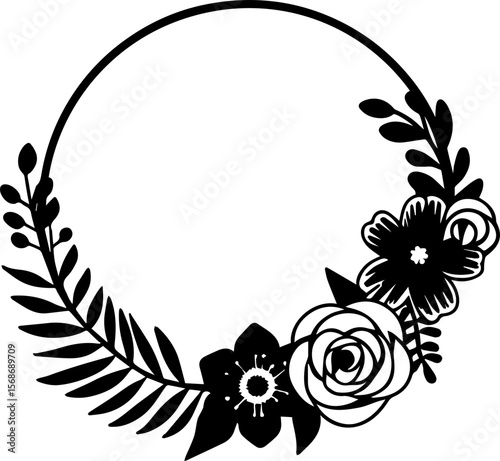 Floral corner and circle frame with leaves, SVG vector illustration for decorative design, clean lines.Elegant Black Floral Wreath Design for Creative Projects