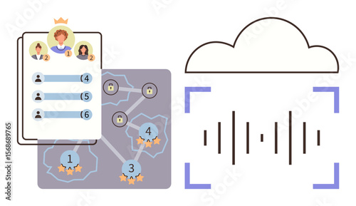 User ranking profile, secure network connections, star ratings, cloud computing, and audio waveform visual in scanning frame. Ideal for data security, cloud tech, user ranking, AI machine learning