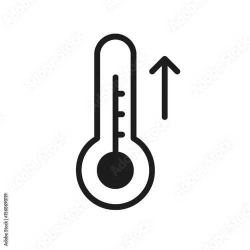 An icon representing rising temperature with a minimalist thermometer and upward arrow, suitable for weather and environmental themes.