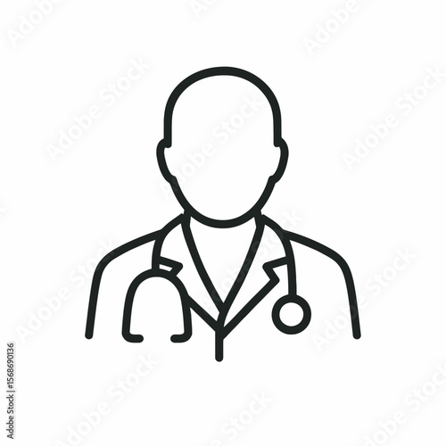 Minimalist line drawing showcasing a doctor with stethoscope in a clinic setting, excellent for healthcare design and wellness projects.