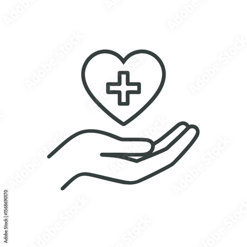 Hand holding a heart shape with a plus symbol, a minimalist design suitable for health, medical, or charity related projects.