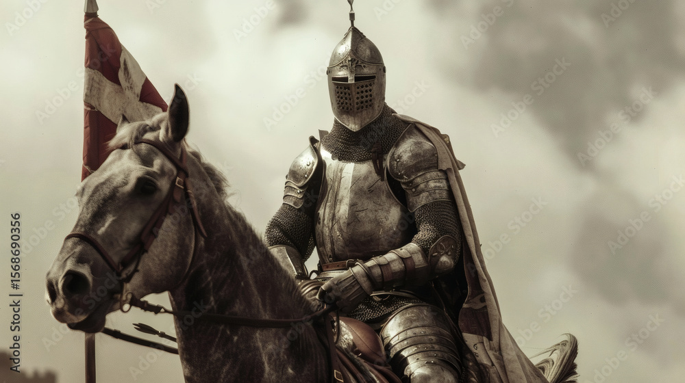 Fototapeta premium A high-quality AI-generated image of medieval knight on horseback with banner for commercial use.