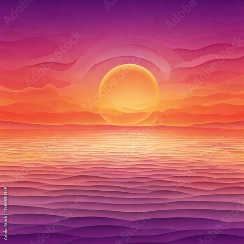 Stylized sunset over water an orange sun sits atop layers of purple pink  orange horizontal waves
