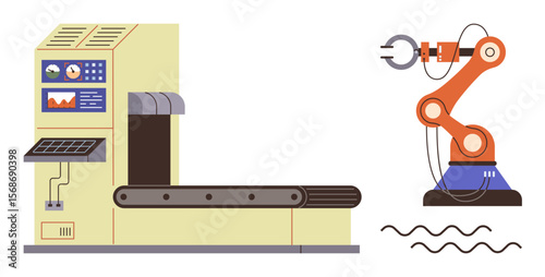 Robotic arm operating beside a conveyor belt for manufacturing processes. Ideal for automation, technology, robotics, industry 4.0, factory efficiency, production innovation, and mechanization