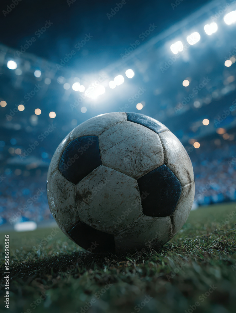 Naklejka premium Soccer ball close-up on green field at night