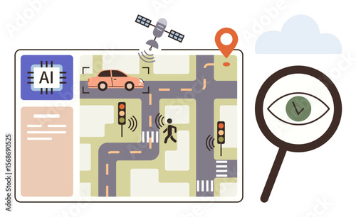 AI chip on digital map with streets, car, pedestrian, satellite, sensors, and magnifying glass. Ideal for automation, smart cities innovation navigation road safety technology logistics. Simple