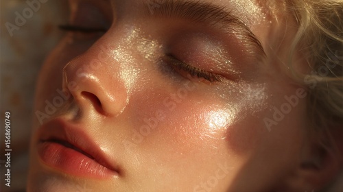 Wallpaper Mural Woman's face close-up, eyes closed, dewy skin in warm, soft sunlight Torontodigital.ca