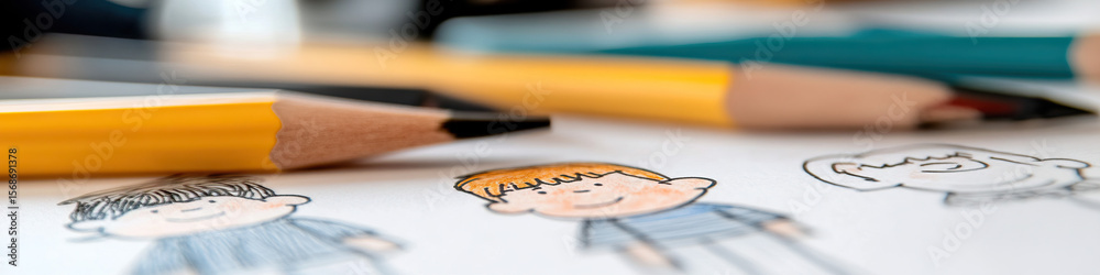 Fototapeta premium Yellow Pencil and Child's Drawing of Cartoon Figures