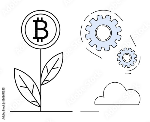 Bitcoin symbol growing as a plant, gears representing blockchain processes, and cloud for virtual data. Ideal for cryptocurrency, fintech, blockchain, automation, growth, innovation and technology