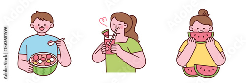Three individuals happily enjoying refreshing watermelon in different forms during the summer.