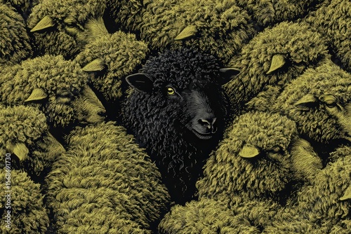 Black Sheep Amongst a Flock of White Sheep in a Crowd Highlighting Individuality, Contrast, and Unique Characteristics in Nature