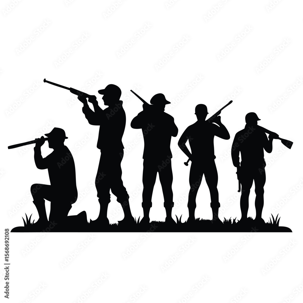 Naklejka premium Silhouette of Hunters A Hunting Party in Action