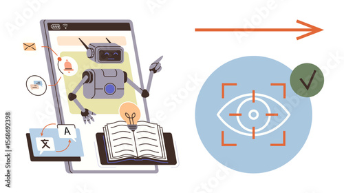 Robot teaching with tablet, book, language tools, and eye-recognition tech. Ideal for education, technology, translation, AI e-learning accessibility innovation. Simple flat metaphor