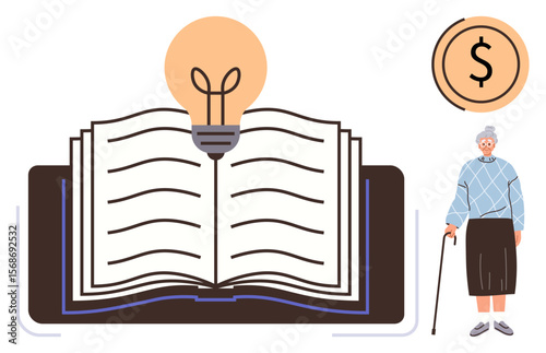 Open book with glowing lightbulb symbolizing ideas, senior woman with cane, coin highlighting financial literacy. Ideal for education, wisdom, innovation, retirement planning, elder care, personal