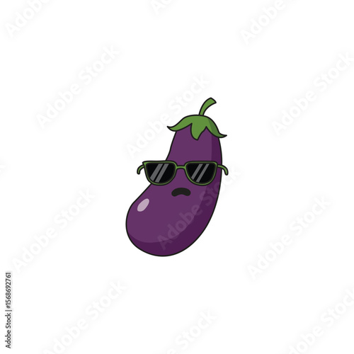 An icon of a cute cartoon eggplant wearing cool sunglasses, conveying a relaxed, trendy, or mysterious persona.