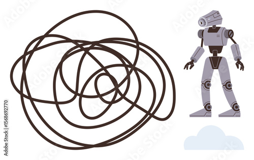Robot standing beside chaotic tangled lines and a cloud, representing innovation, challenges, creativity, robotics, artificial intelligence, decision-making, digital transformation. Ideal