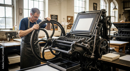 Craftsman Operating Vintage Letterpress Printing Machine in Traditional Workshop