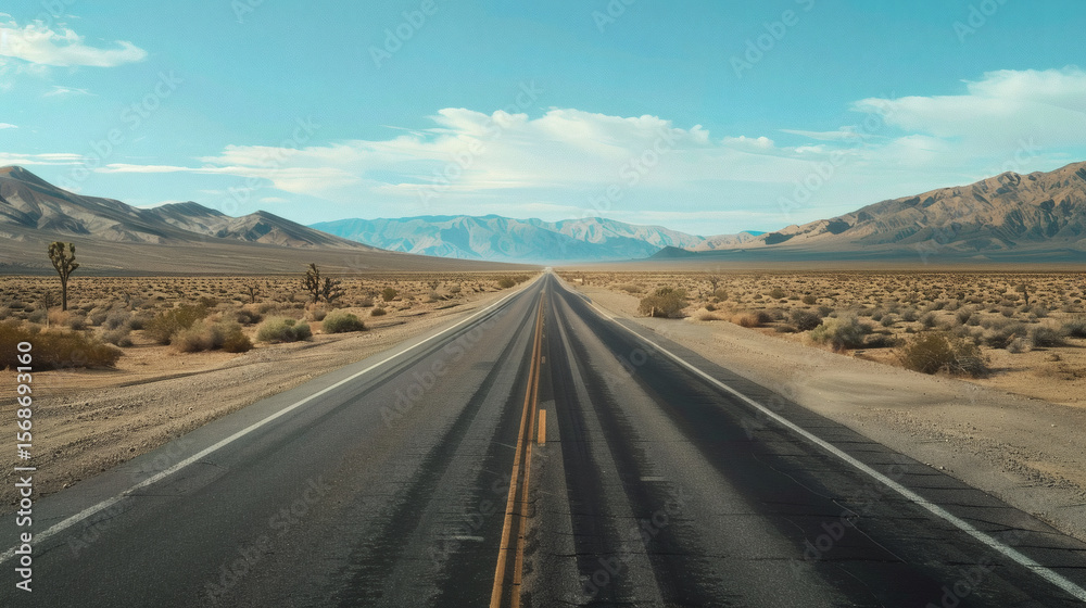 Fototapeta premium A high-quality AI-generated image of cinematic shot of a desert highway for commercial use.