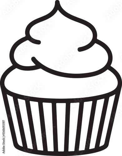 Black and white line drawing of a frosted cupcake frosting dessert