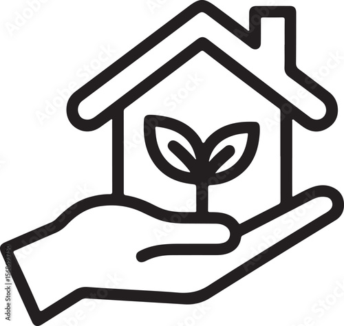 Hand holding house with growing plant growth care