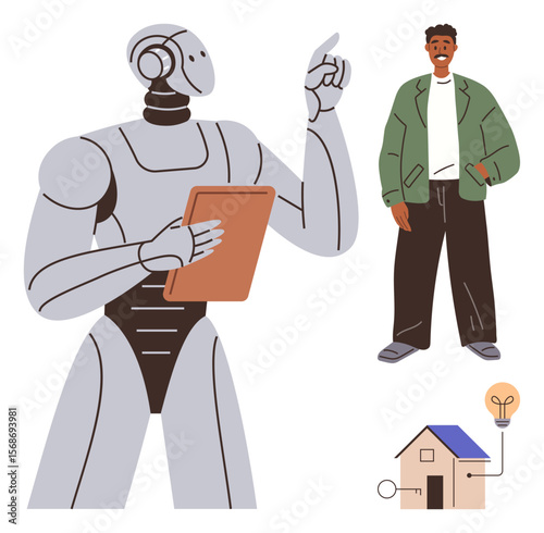 Robot holding a tablet gestures while engaging with a person. Smart home icon symbolizes automation, energy efficiency, and innovation. Ideal for AI, technology, sustainability, robotics, human-robot