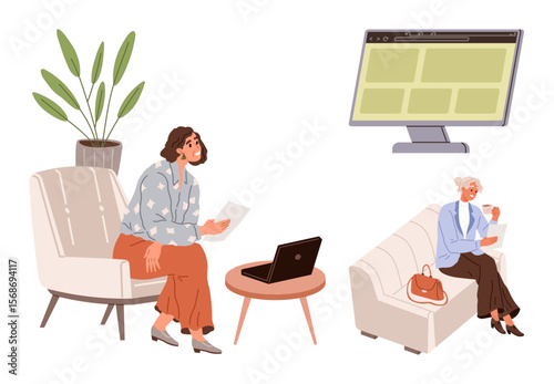 Women collaborate remotely using laptops and papers on sofas with plants and a screen. Ideal for remote work, communication, teamwork, productivity, learning, collaboration, technology. Clean flat