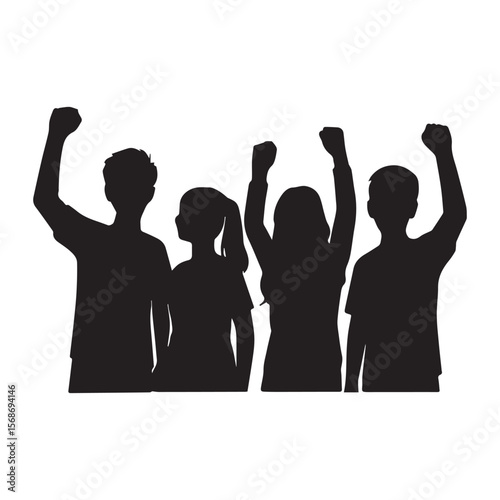 Silhouette of united youth raising fists in protest, symbolizing empowerment, activism, social justice, and collective strength for positive change.