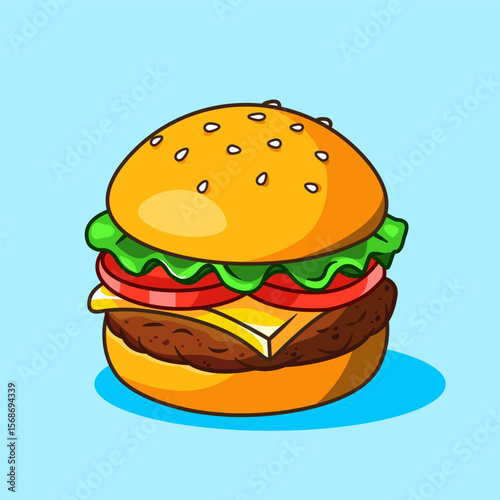 A Delicious Cartoon Cheese burger with Sesame Seeds Vector Illustration