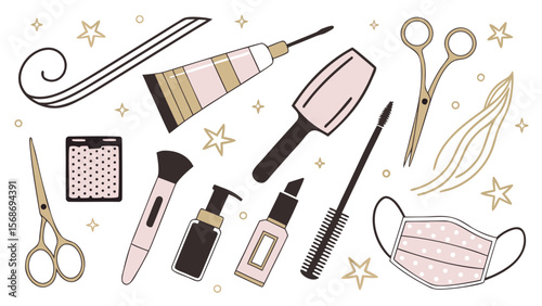 Beauty Salon Essentials Clip Art — Scissors, Blow Dryers, Nail Polish, Hair Brushes, Lashes & Lipsticks for Beauty Brands

