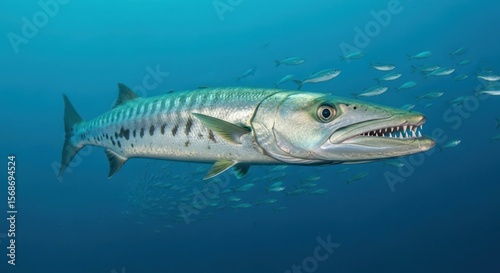 Barracuda in the ocean with a school of smaller fish swimming by