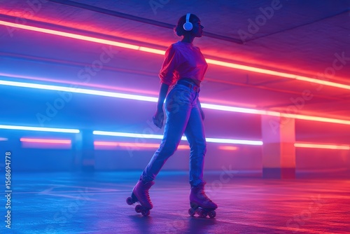 Woman in neon-lit parking garage roller skating with headphones, showcasing vibrant nightlife and urban lifestyle