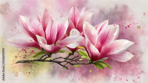 Delicate watercolor rendering of three magnolia blossoms with vibrant pink petals