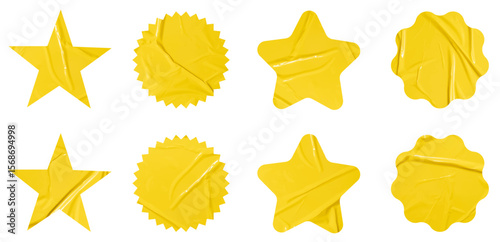 Set of vector yellow sticky note papers stars shapes and wrinkles, Copy space stickers or patches for preview tags labels design