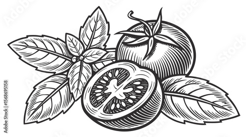 Vintage Botanical Illustration of Basil Leaves and Tomatoes – Hand-Drawn Engraving Style