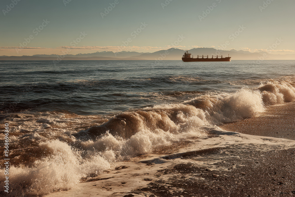 Fototapeta premium serene pacific coastline at dawn featuring gentle waves lapping against shore
