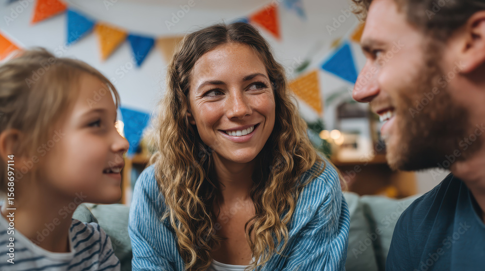 Obraz premium Happy family celebrating indoors with decorations