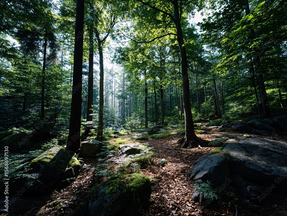 Fototapeta premium Forest Path Sunlight: Scenic Nature for Travel Imagery