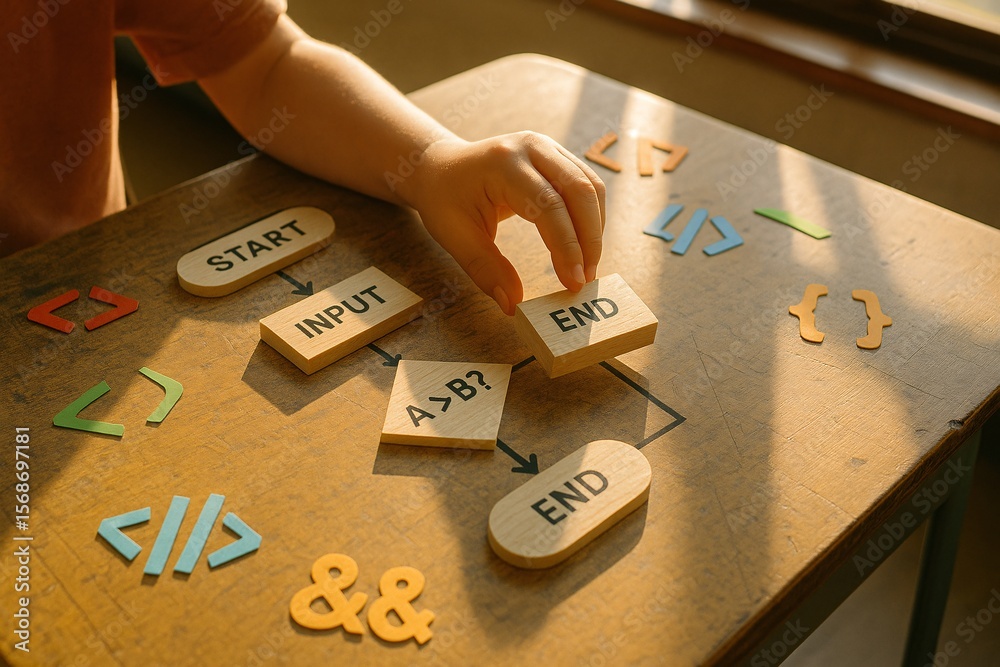 Obraz premium Coding Flowchart with Wooden Blocks for Education
