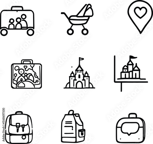 Family Travel & Vacation Icons  A Vector Set Featuring Luggage, Strollers, Castles, Maps, Backpacks, and Souvenirs for Joyful Journeys
