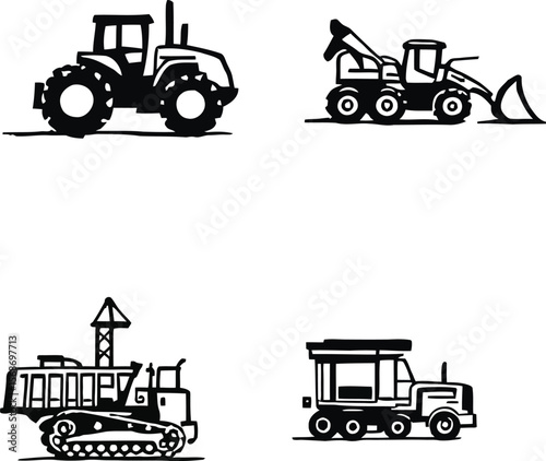 Heavy Machinery Icons  A Vector Set Featuring Tractor, Bulldozer, Drill Rig, and Dump Truck Silhouettes for Industrial and Farm Work