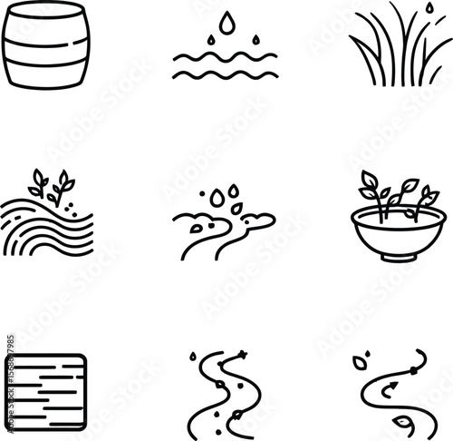 Elements of Growth Icons  A Vector Grid Featuring Droplets, Barrels, Grass, Crops, and Winding Paths Symbolizing Nature’s Cycles