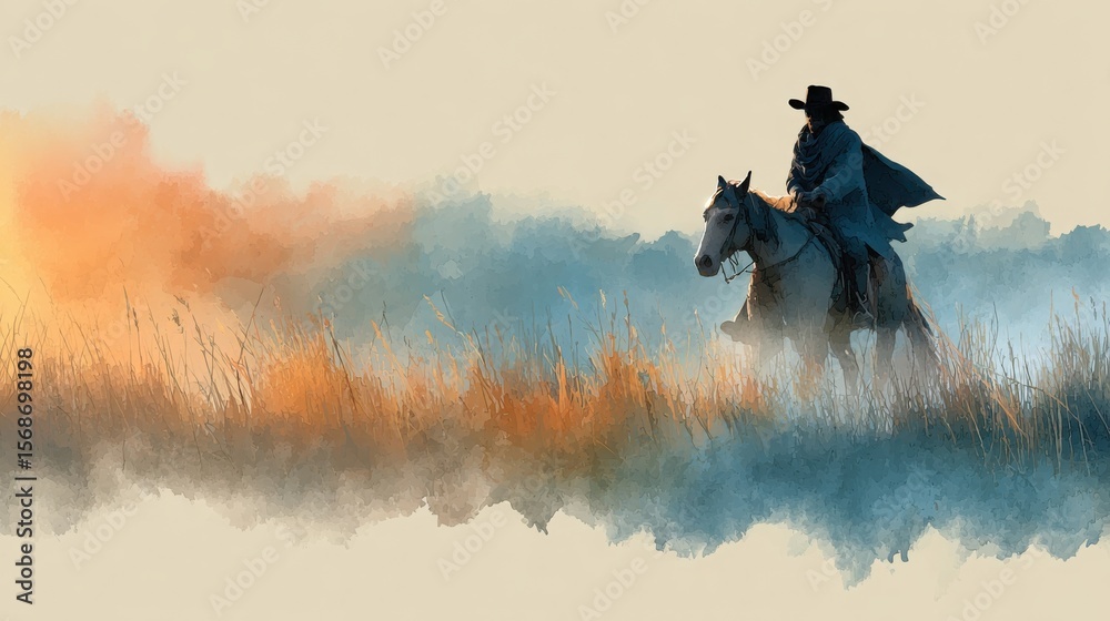 Fototapeta premium Silhouetted cowboy rides a horse through tall grass at sunset with mist and warm light creating a peaceful western scene.