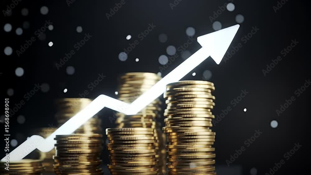 Stacks of Golden Coins Under Bright Arrow Symbolizing Financial Growth on Dark Backdrop