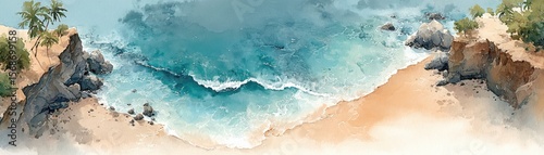 A serene aerial view of a sandy beach with turquoise waves gently crashing against the shore, bordered by rocky cliffs and sparse vegetation.