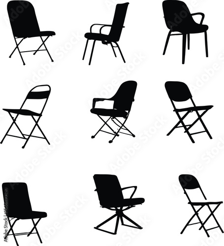 Seating Silhouettes Icons  A Vector Grid Featuring Armchairs, Dining Chairs, Foldables, and Modern Seats in Minimalist Black Profiles