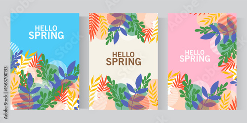 Spring and summer card templates with nature elements. Floral background with a of wild leaves flowers for mothers day, easter, birthday, card, banner, invitation, social media post, poster, design