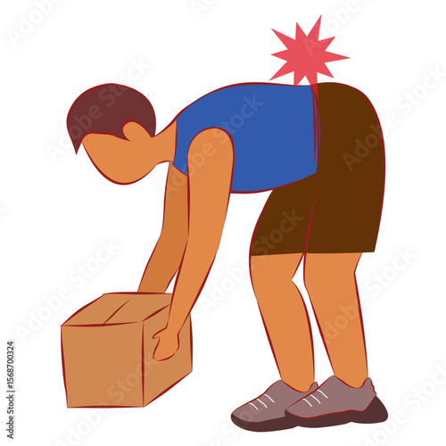 Man with back pain from heavy lifting incorrect lifting technique in flat design on white background.