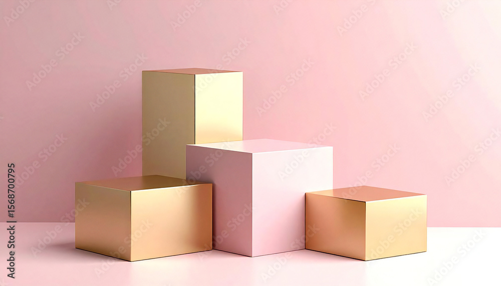 Fototapeta premium 金とピンクの幾何学の物体がある空間。3D。立体的なブロックスタイル。Space with gold and pink geometric objects. 3D. Three-dimensional block style.