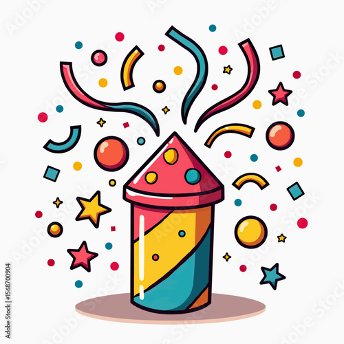 A vibrant cartoon party popper exploding with colorful confetti, streamers, and stars, a festive vector illustration for birthday cards or event celebrations.
