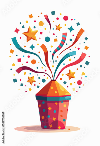 Vibrant flat illustration of an exploding party popper with colorful confetti, streamers, and stars, perfect for birthday celebrations and festive event announcements.
